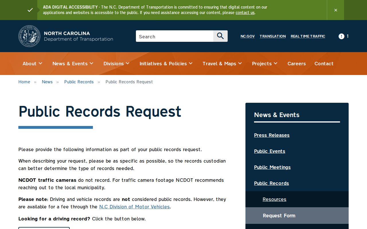 Northampton County traffic court records separate NCDOT public records request source